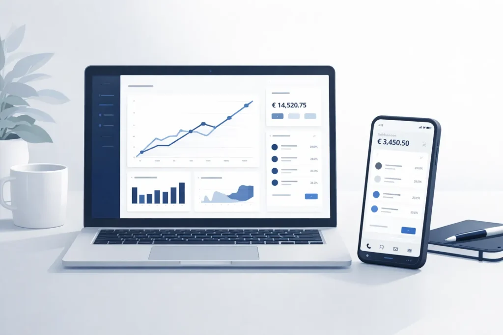 Dashboard finanziaria su laptop e smartphone per gestione conti online e investimenti