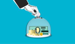 Decorative cardboard illustration of person hand putting transparent dome on dollar banknotes and coins on blue background