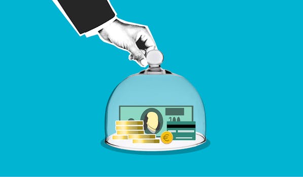 Decorative cardboard illustration of person hand putting transparent dome on dollar banknotes and coins on blue background